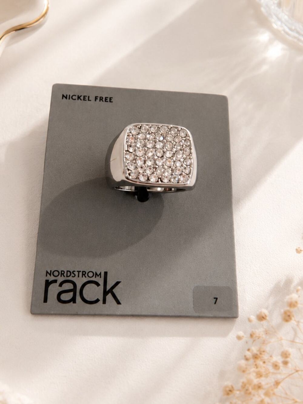 Nordstrom Rack Silver Crystal Square Statement Ring 7 preppy cute feminine gift